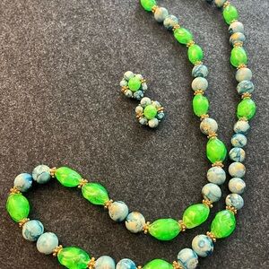 Vintage Green and Blue Cluster Necklace and Earring Set